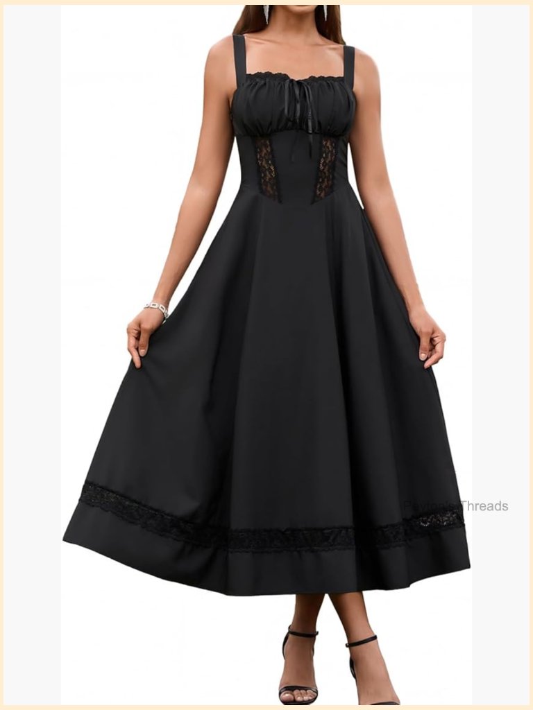 Women's Corset Midi Wedding Guest Dress A-Line Flowy Lace Smocked Back Tea